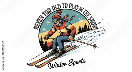 Elderly person skiing downhill with cheerful expression