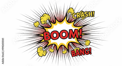 Comic book explosion with "BOOM!", "CRASH!", and "BANG!" sound effects