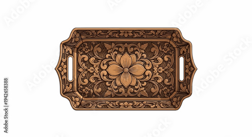 Ornate rectangular tray with intricate floral carvings and handles