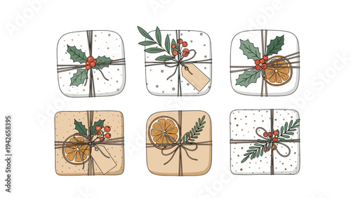 Top view of several beautifully wrapped christmas gifts decorated with pine needles and dried orange slices in line art.