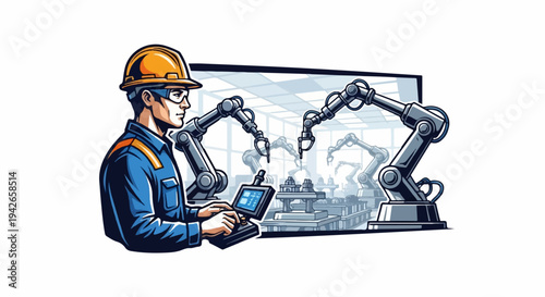 Factory worker controls robotic arms on an assembly line with a tablet interface