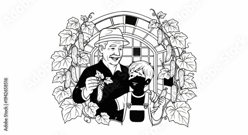 Happy grandfather and child surrounded by cucumbers in a garden