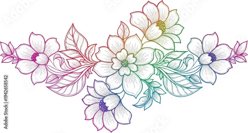 Delicate floral arrangement with detailed petals and leaves, featuring a gradient rainbow color scheme