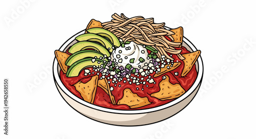 Hearty bowl of nachos with avocado, cheese, and shredded toppings