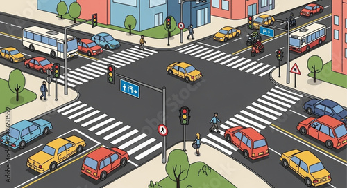 Busy City Intersection with Cars and Pedestrians.