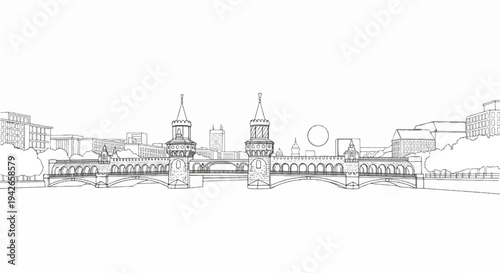 Detailed line drawing of a city bridge with towers and buildings