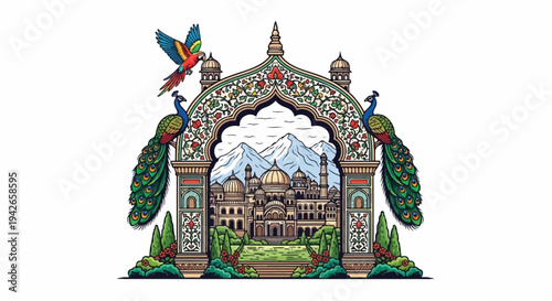 Ornate arch framing a majestic palace, with peacocks and parrot