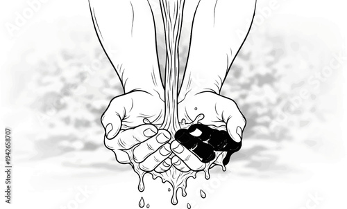 Cupped hands catch dark liquid pouring down, dripping away