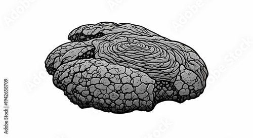 Detailed monochrome illustration of a textured, layered rock formation