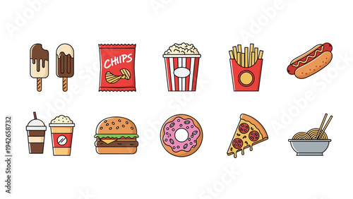 Comprehensive set of various junk food icons including burger and fries shown in a colorful and simple line art style.