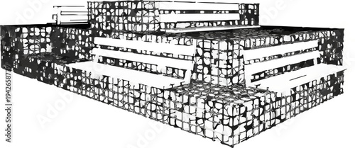 Modern tiered structure with gabion walls and seating