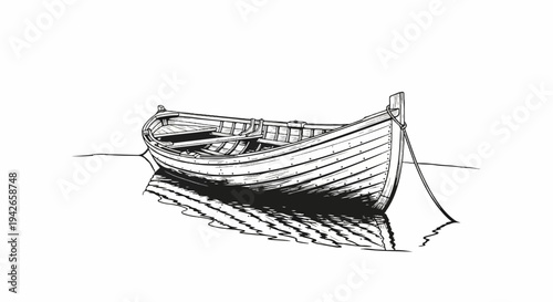 A simple wooden rowboat with oars rests on tranquil, reflective water