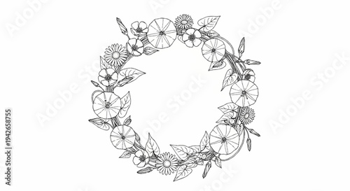 Delicate sketch of a circular floral arrangement with morning glories and daisies