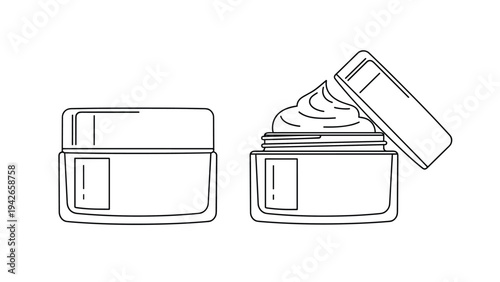 Two cosmetic cream jars with one open showing the cream swirl inside presented in a clean and simple line art style.