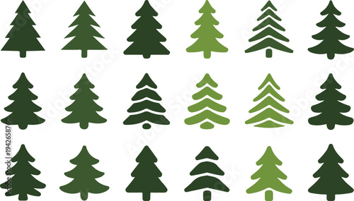 Collection of various green pine tree silhouettes in different shades and styles on white background