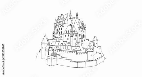 Intricate black and white sketch of a grand, multi-turreted castle on a rocky outcrop