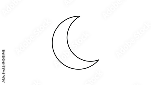 Simple and elegant line art drawing of a crescent moon perfectly centered on a clean and bright white background.