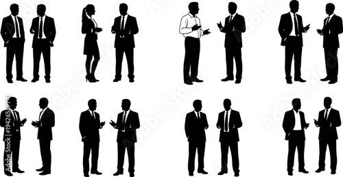 Silhouettes of Professional Business People in Suits Standing and Having Discussions and Corporate Meetings in Formal Office Environment Vector Set