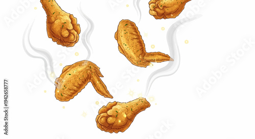 Crispy chicken wings with steam and sparkle accents, isolated on white