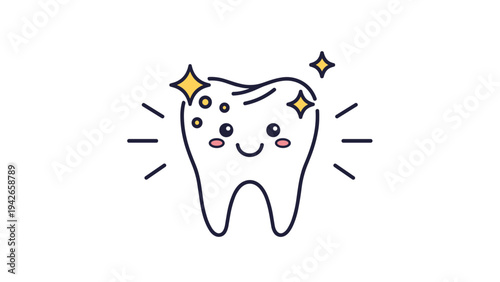 Cute and happy cartoon tooth character with a smiling face and sparkles illustrated in a simple colored line art style.