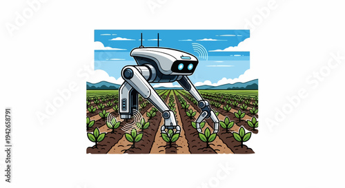 Futuristic robot assists in tending crops in a vast agricultural field