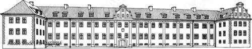 Detailed pen-and-ink illustration of a large, multi-story historic building facade