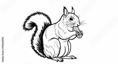 Detailed ink sketch of a squirrel holding and eating a peanut