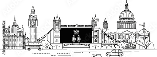 London skyline silhouette with famous landmarks and iconic vehicles