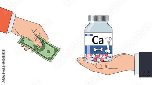 Person pays with money to purchase a bottle of calcium vitamin supplements from a pharmacist in this conceptual health and commerce scene.