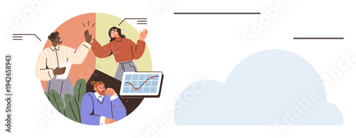 Teamwork, business success, motivation, growth, communication, productivity. Group of colleagues sharing ideas and celebrating near a chart. Teamwork and business success concepts