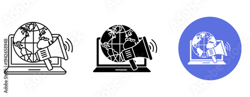 Global communication icons with megaphone and laptop symbolizing worldwide outreach