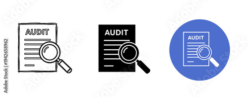 Audit document icons with magnifying glass: outline, solid, and blue background versions