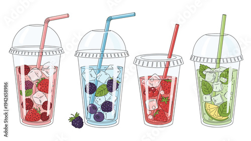 Variety of four refreshing fruit and berry smoothies in transparent takeaway cups with colorful straws for summer enjoyment.