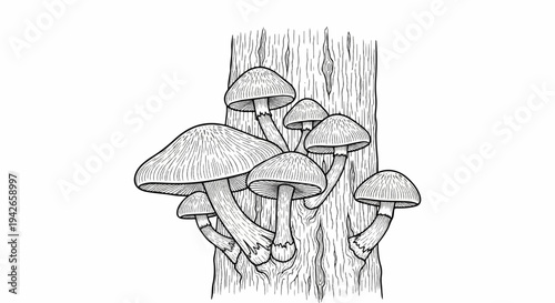 Detailed black and white illustration of mushrooms growing on a textured tree trunk