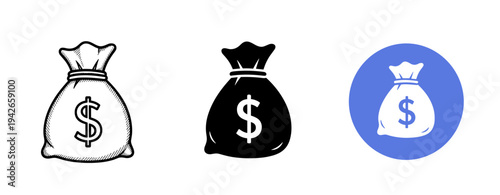 Three money bag icons: sketch, solid black, blue circle background