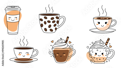 Set of adorable kawaii coffee and hot cocoa cups with smiling faces and various delicious toppings for a cute cafe menu illustration.