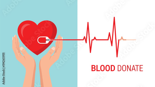 Medical concept for blood donation featuring human hands holding a red heart connected to a glowing heart rate monitor pulse line.