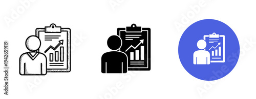 Three styles of business icons: chart and person on clipboard in outline, solid, and circular design