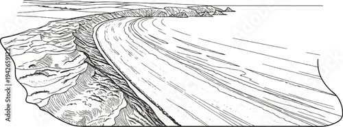 Detailed ink sketch depicts a curving coastline with rugged cliffs meeting calm sea