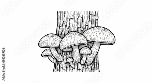 Group of mushrooms with textured caps grow on a detailed tree trunk