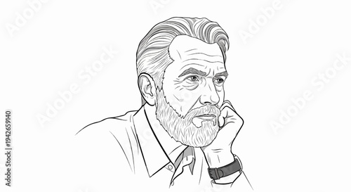 A thoughtful man with a beard and a watch, rendered in monochrome sketch