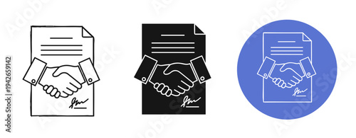 Handshake agreement icons: black, white, and blue variations