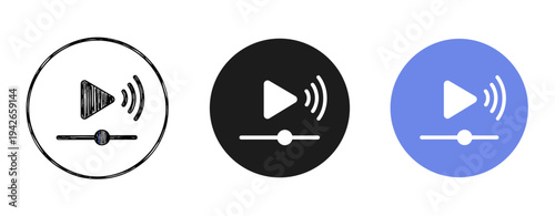 Three minimalist play button icons with volume symbols in black and blue