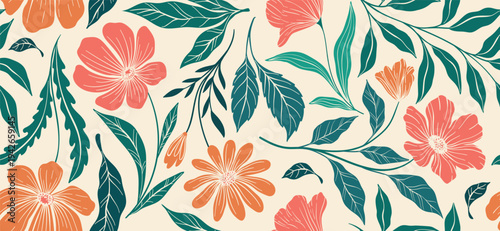 Retro floral seamless pattern with colorful flowers. Vintage groovy aesthetic background for textile design, fabric print, and wallpaper. Ditsy flower power vector illustration