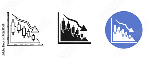 Market decline icons: candlestick chart with downward arrow in three styles