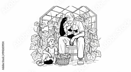 Grandfather and grandson enjoying freshly picked cucumbers from a greenhouse