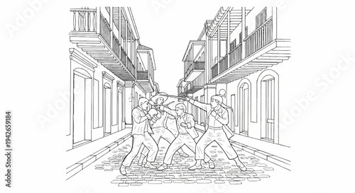 Line art shows a street fight between four men in historical attire