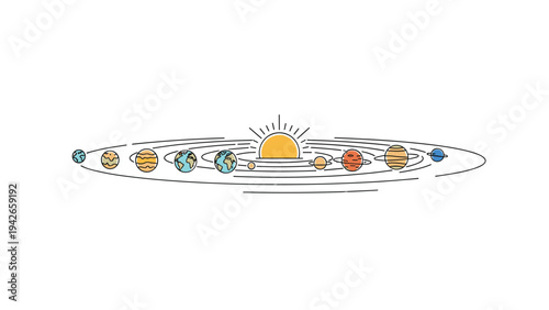 Educational illustration of the solar system showing the sun at the center with all planets following their orbital paths in a simple style.