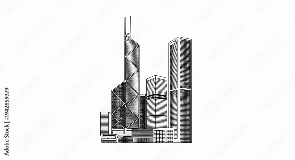 Obraz premium Diverse modern skyscrapers drawn with a fine line art style