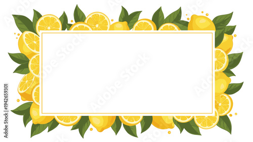 Bright summer frame of juicy yellow lemons and dark green leaves surrounding a blank white rectangle for customized messages or titles.